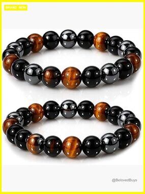 Natural Stone Bracelet Set - Obsidian Hematite Tiger Eye Triple Protection